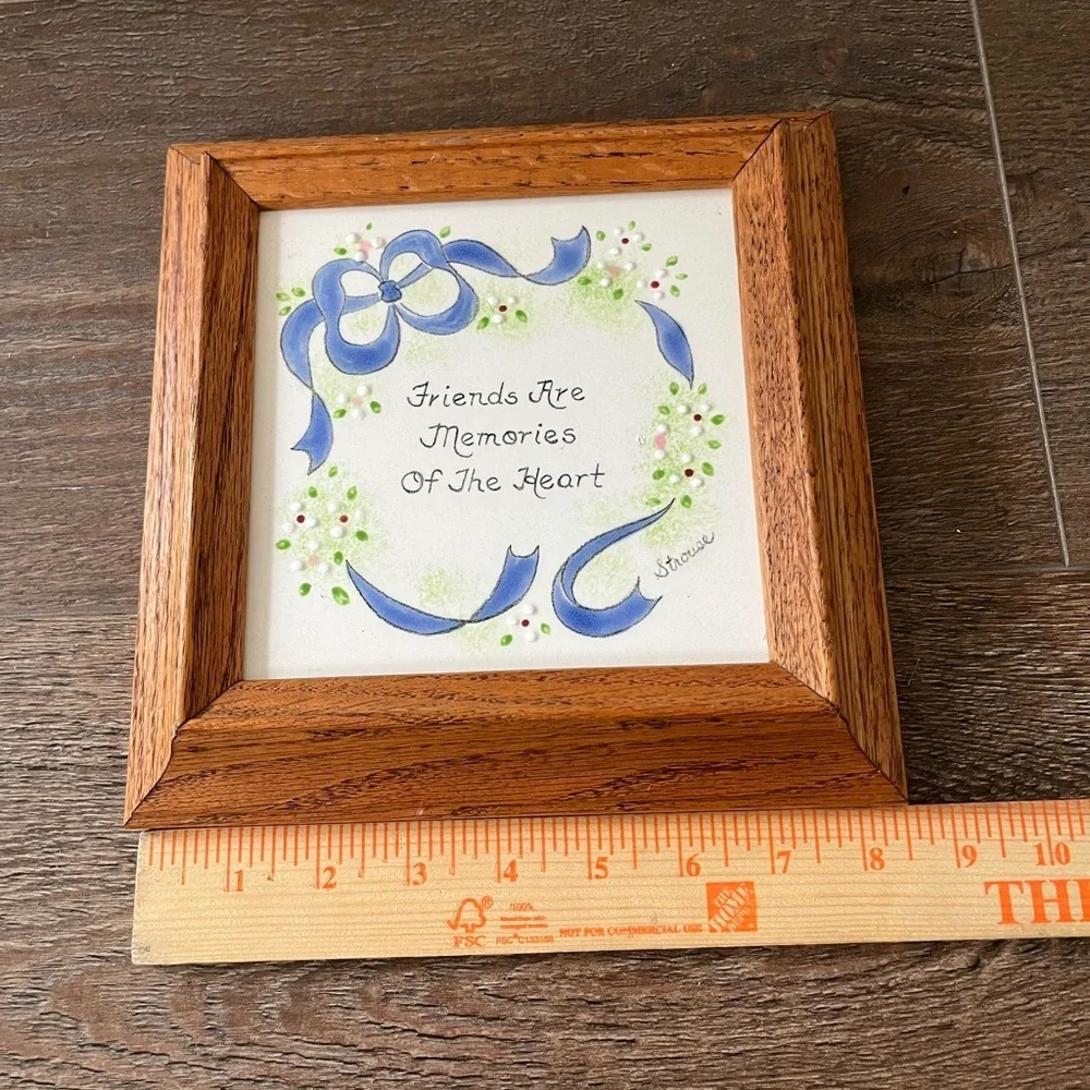 Wooden Framed Ceramic Wall Art with Blue Accents 9/9 Inch